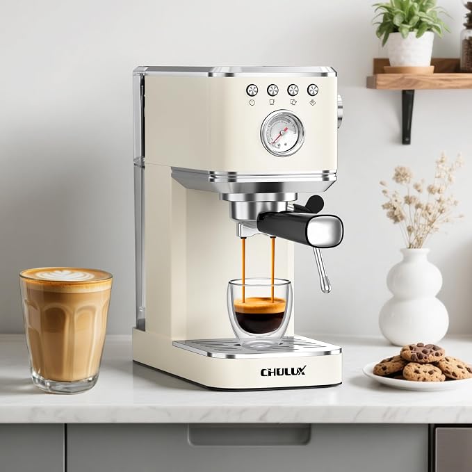CHULUX Slim Espresso Machine with Milk Frother for Home Cappuccino, Creamy | Precise Pressure Gauge, Food-Grade Materials, 20 Bar Italian Pump, Professional Temperature Control System, Stainless Steel