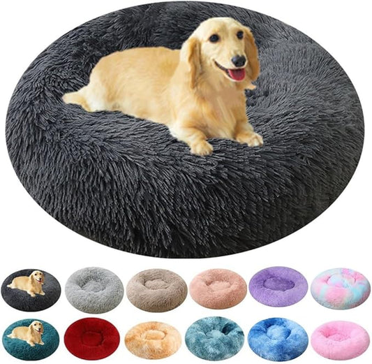 Calming Small Dog Bed & Cat Bed, 16 Inch Donut Fluffy Anti-Anxiety Round Bed Washable Cute Bed, Cuddler Warming Cozy Soft Bed, Plush Cushion Bed for Small Medium Dogs and Cats (Dark Grey)