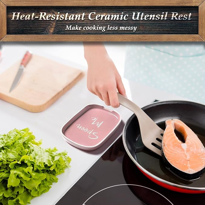 Ceramic Spoon Rest for Stove Top, DAYYET Large Spoon Holder, Spoon Rest for Kitchen Counter, Heat-Resistant Cooking Utensil Rest, Pink Kitchen Decor and Accessories