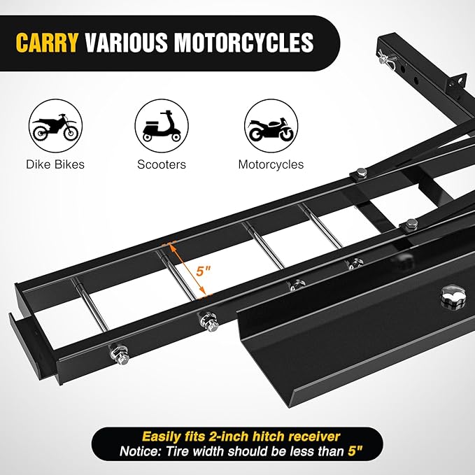 Nilight Motorcycle Hitch Carrier 600LBS, Heavy Duty Dirt Bike Hitch Hauler with 55.11" Longer Ramp, Pin, Tie-Down Strap and Tightener, 2" Receiver, 5" Wide Tire
