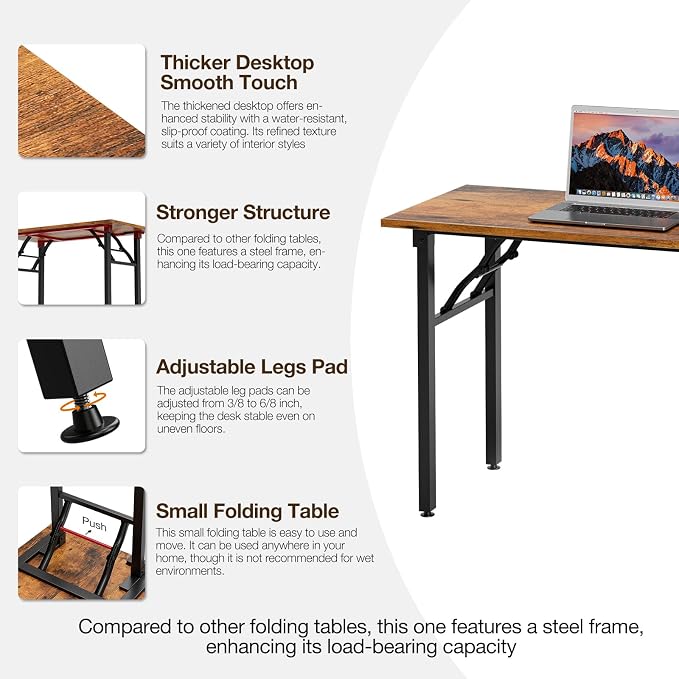TEMI Small Computer Desk Folding Table - 43.3" Foldable Office Desk, No Assembly, Perfect for Small Spaces in Bedroom, Dorm, or Apartment, Portable Mini Desk or Study Table with Compact Design, Brown