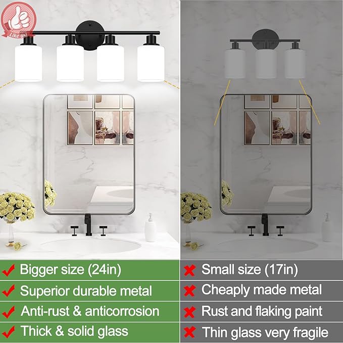 4-Light Bathroom Light Fixtures, Black Modern Vanity Lights with Milky White Frosted Glass Shades, Bathroom Wall Lamp for Mirror Kitchen Living Room