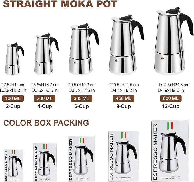 4 Cup Stovetop Espresso Maker Stainless Steel Moka Pot Stove Top Percolator Italian Coffee Makers Capable Mocha Greca Machine Cafe Classic Induction Cookers for Home and Camping 200ml 6.6oz