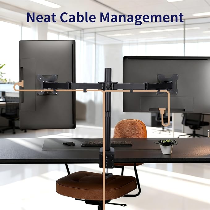 Black Dual Monitor Arm Mount for 13-27 Inch Screens | Ultrawide Screens Up to 34 inch Fully Adjustable Stand with C-Clamp/Grommet Base Max VESA 100x100 Each Screen Capacity 22lbs