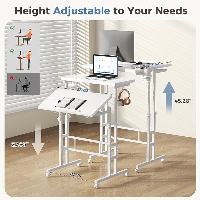 DUMOS Rolling Standing Desk, Sit Stand Desk, Computer Cart | Manual Height Adjustable, Split Top Mobile, Laptop Workstation, Portable Home Office, Walking Pad Study Surface, Modern White
