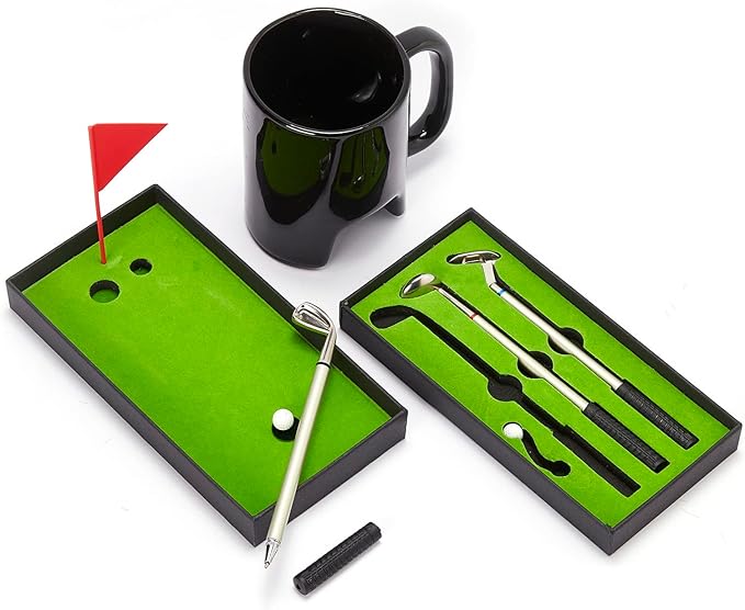 Golf Pen & Putter Mug Gift Set – Mini Golf Desk Game for Men, Dad, Grandpa, or Boyfriend – Great Father's Day Gift Idea – Includes Club Pens, 2 Balls & 14oz Ceramic Cup