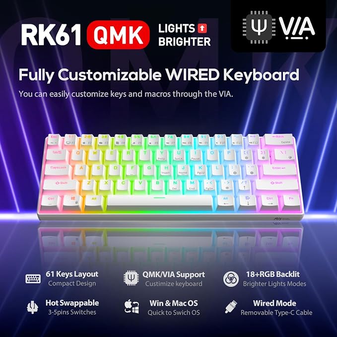 RK ROYAL KLUDGE RK61 Wired 60% Mechanical Gaming Keyboard, Compact PC Game Keyboards with QMK/VIA Programmable RGB Backlit, Hot Swappable Custom Keyboard for Win/Mac, Pre-lubed Red Switch, White