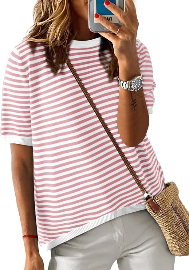 Dokotoo Womens Tops 2026 Casual Summer Crewneck Short Sleeve Striped Color Block Knit High Low Trendy Pullover Sweaters