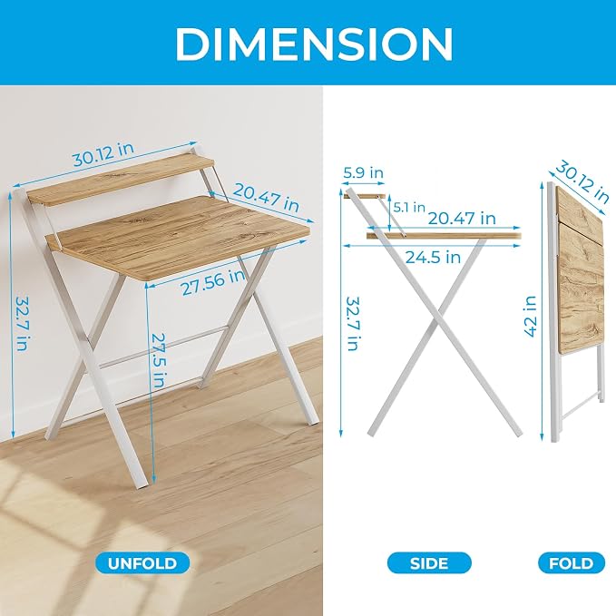 GreenForest Folding Desk No Assembly, Sturdy Computer Desk for Small Spaces | Portable Foldable Table for Laptop, 2-Tier Compact with Shelf, Space Saving for Home Office, Dorm, Apartment, 24.5"x 30" Oak