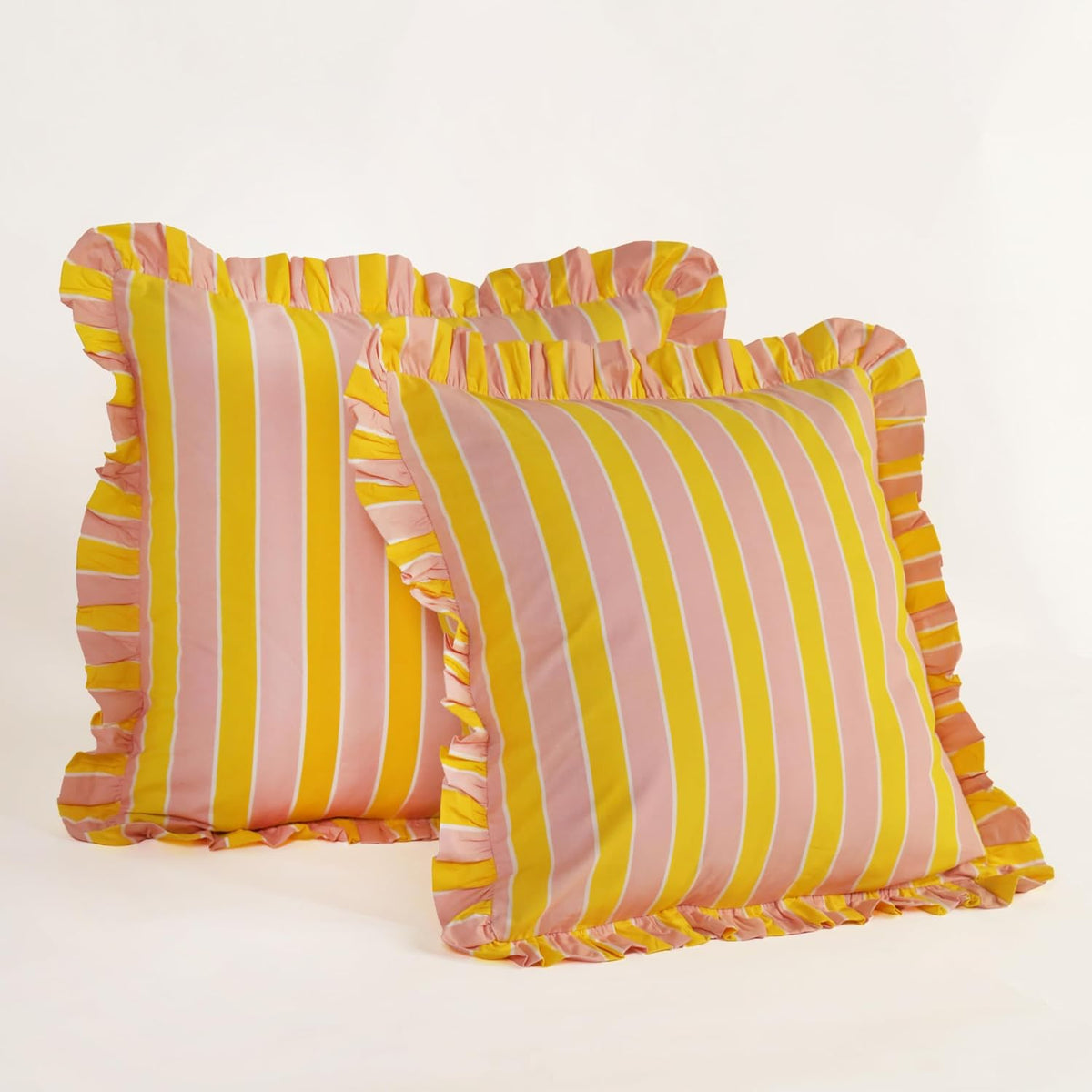 Hand Printed, Artisan-Made Neutral Accent Throw Cushion Cover- Thick Cotton Cushion for Sofa, Bed, Chair, Home Decor, Gifting, Spring Vibe, Boho- Stripe (2, Pink & Yellow, 20"X20")