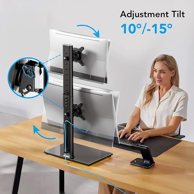 AX WABER Dual Monitor Stand Vertical Stack Screen Free-Standing Desk Mount Arm Riser Fits Two 13 to 34 Inch Computer Monitors with Swivel,Tilt, Height Adjustable,VESA Stand 100x100mm, 75x75mm AX05TB02
