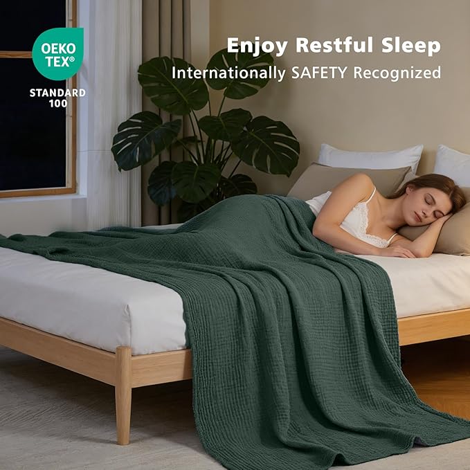 EMME Cotton Muslin King Blanket Breathable Gauze Soft Lightweight Blankets Adults Gifts for Women (Heather Forest Green, 108"x90")