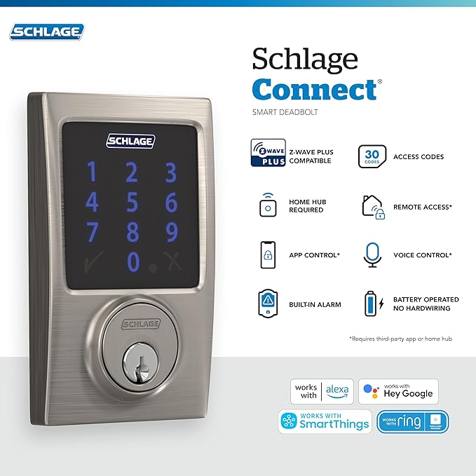 SCHLAGE BE469ZP CEN 625 Connect Smart Deadbolt with alarm with Century Trim in Bright Chrome, Z-Wave Plus enabled, 3 x 8 x 2 inches