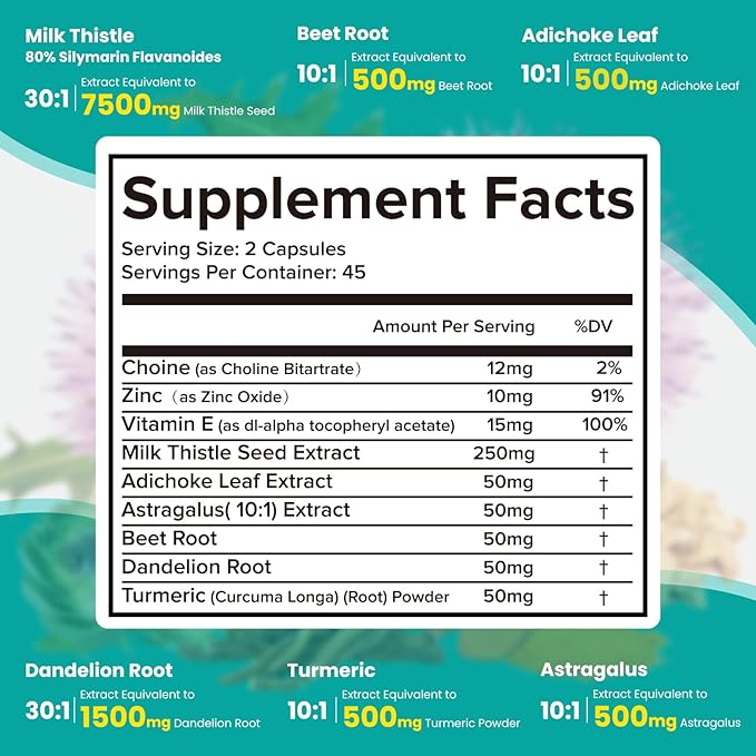 Milk Thistle Supplement - Liver Detox Cleanse Formula Herbal Liver Support with Milk Thistle, Dandelion Root, Artichoke, Turmeric, Astragalus for Liver Health, 90 Capsules-16