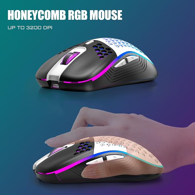 RedThunder K84 Wireless Keyboard and Mouse Combo, LED Rainbow Backlit Rechargeable Battery, 75% Layout TKL Ultra Compact Gaming Keyboard & Lightweight 3200 DPI Honeycomb Optical Mouse (White-Black)