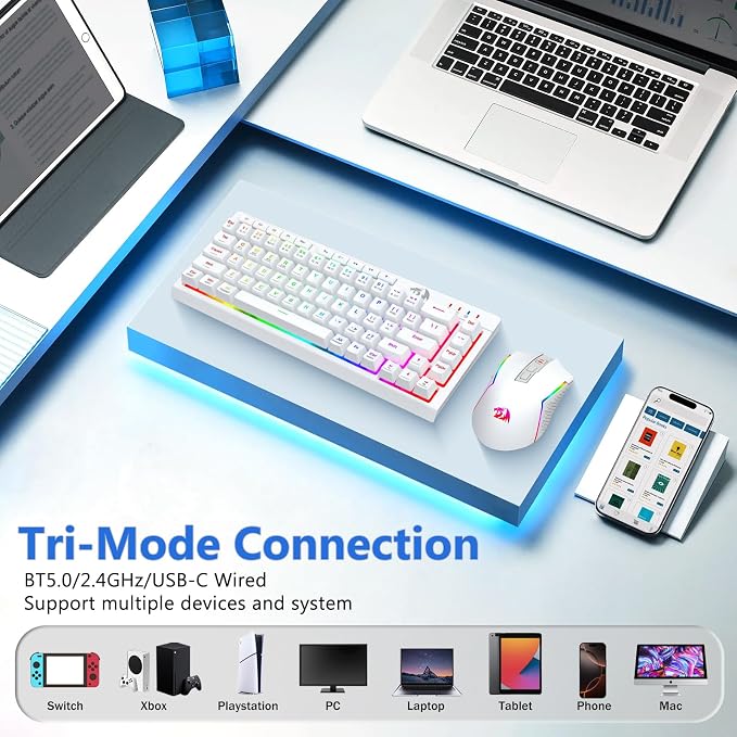 Redragon Wireless Gaming Keyboard and Mouse Combo, 60% Portable, White | Bluetooth/2.4G/USB-C Wired, RGB Backlit, Quiet Rechargeable Macro Membrane Keyboard & 12800 DPI Mouse for Win/MAC