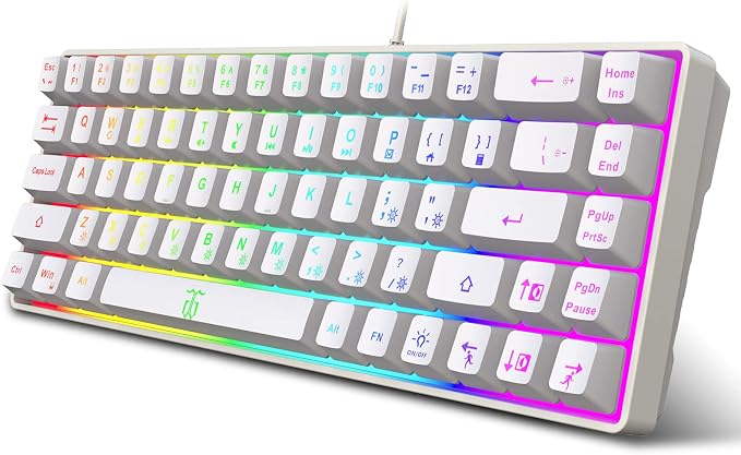 Snpurdiri 60% Percent Gaming Keyboard (68 Keys, White) | Compact RGB Backlit Ergonomic Small Mini Keyboard for Windows, PC, Laptop, Gaming