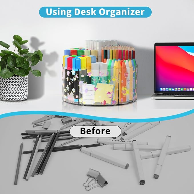 Acrylic Pen Holder for Desk Organizer Holder with 2 Adhesive DIY Stickers | Marker Holder Organizer with 2 Cute Sticker, 360 Degree Office Supply Organizer Clear Pencil Holder for Kid 6 Compartments