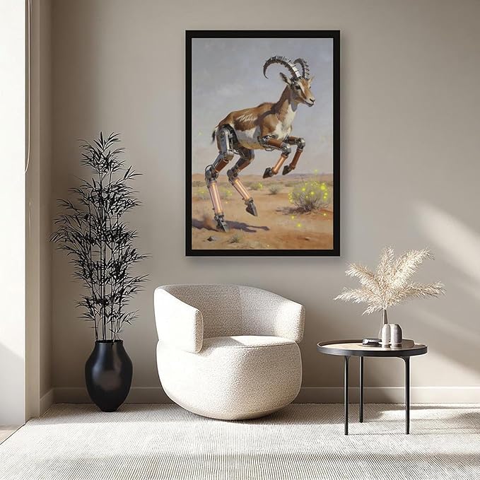 Framed Steampunk Mechanical Antelope Wall Art - Desert Futuristic Poster for Loft Living Room Decor 24x36in
