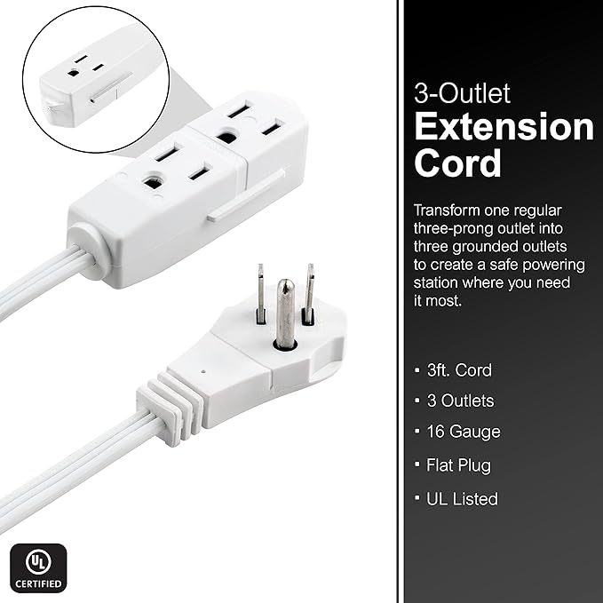 GE 3-Outlet Flat Extension Cord 3 Ft Grounded Extension Cord with Multiple Outlets 3 Prong Outlet Extender Flat Plug Power Strip Indoor 16 Gauge UL Listed White 69869