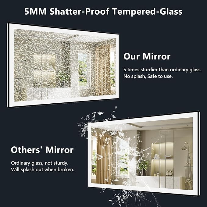 66x36 Inch LED Bathroom Mirror with Lights (Front Lit and Backlit) Black Framed Lighted Vanity Mirror for Bathroom Wall Dimmable Anti-Fog Memory Tempered Glass Horizontal/Vertical