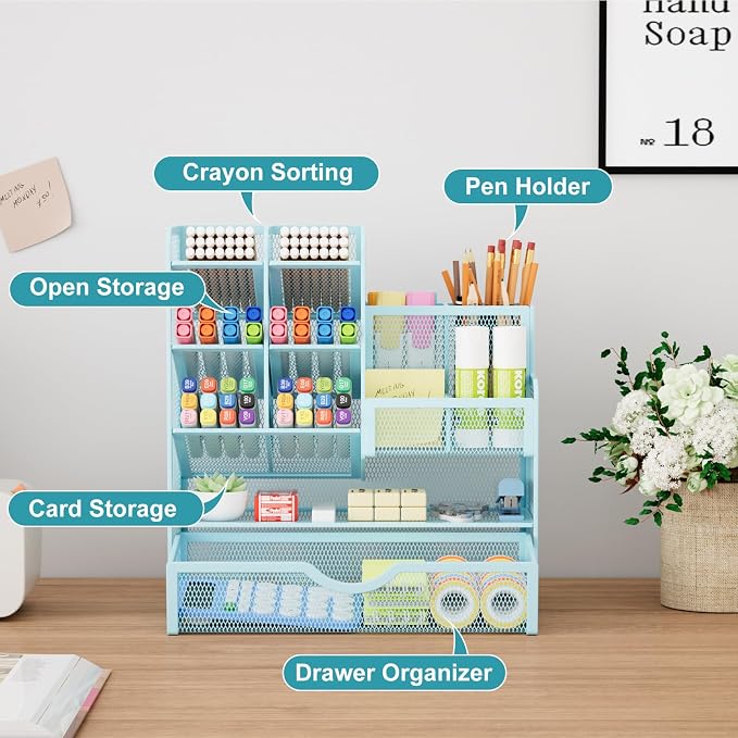 Marbrasse Mesh Pen Holder for Desk, Multi-Functional Pencil Organizer with Drawer, Desk Organizers and Accessories for Office Art Supplies (Blue)