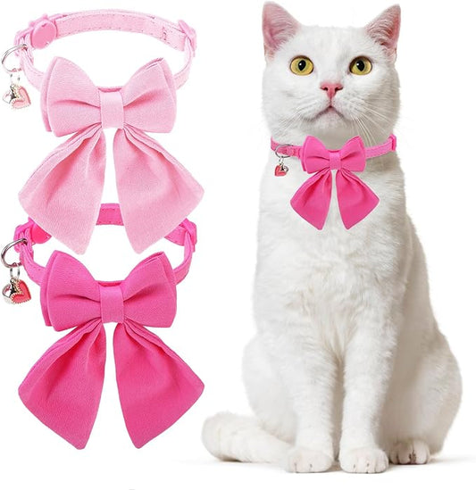 Cat Collar Breakaway with Bells, Soft Pure Cotton Pink Cat Bowtie Collar for Girl Cats, Small Cats Collar with Bow for Spring Summer, 2 Pack Cute Kitten Collars with Removable Bowtie 8-12Inch