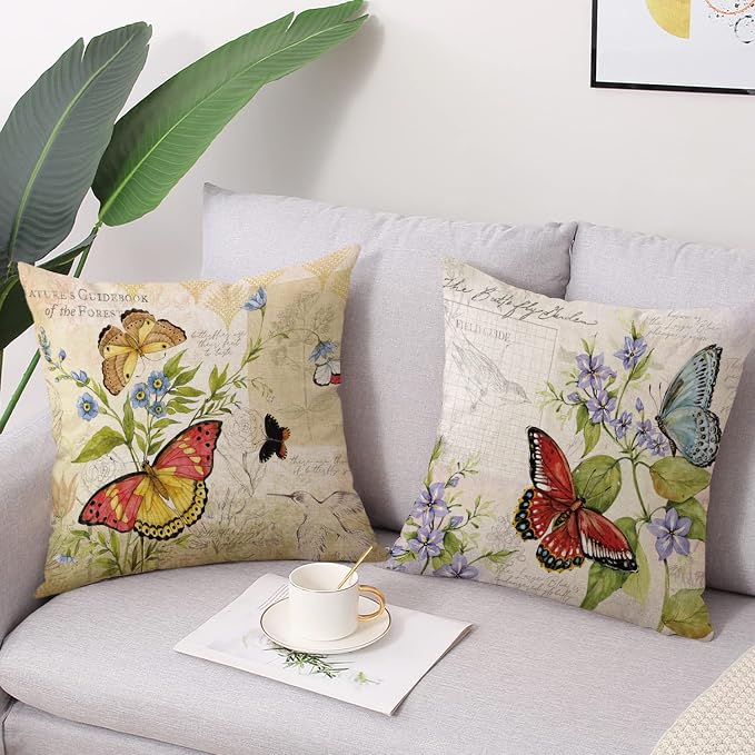 wyooxoo Farmhouse Pillow Covers 18x18 Set of 4 Spring Summer Throw Pillow Covers Linen Flower Butterfly Bird Decorative Pillowcases for Sofa Couch Living Room Outdoor
