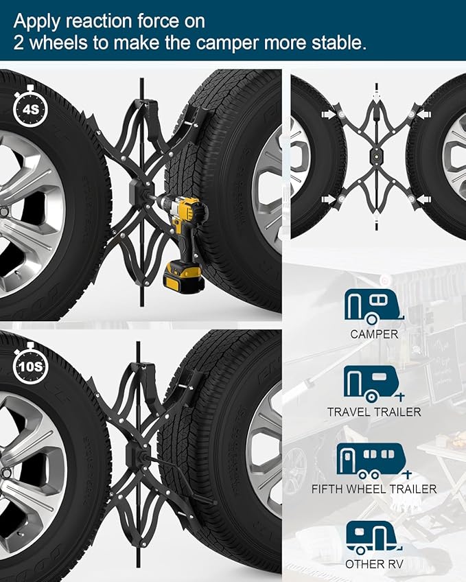 Black X-Shape Wheel Chocks Stabilizer XL [Extended Allow Drill Adjust], Double Sets 4'' to 17'' RV Tire Stabilizers Locked Chocks for Campers Travel Trailers Trucks, Wheel Scissor with Wrench