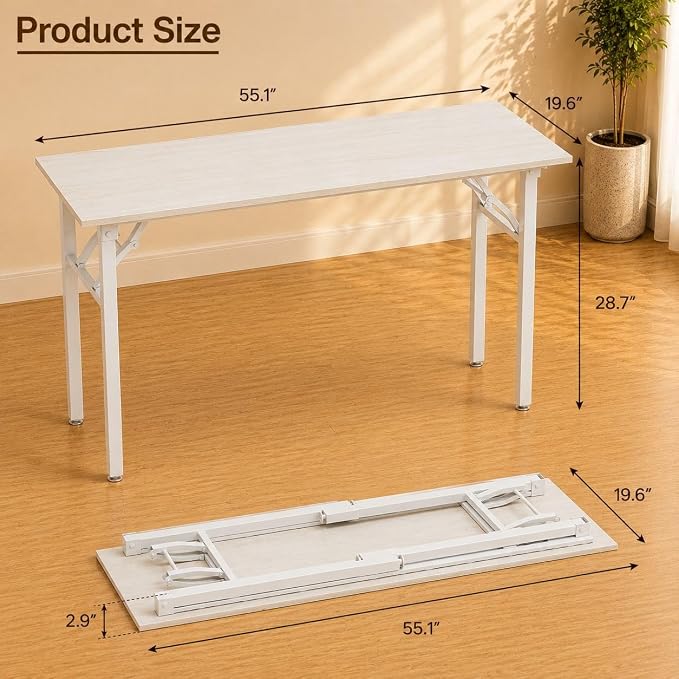 Folding Table Computer Desk - 55.1" No Assembly Folding Desk Design and Foldable Office Desk, Small Desk for Bedroom, Compact Storage Portable Use for Dorm and RV Small Space, White Ash