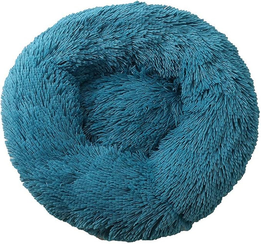 Calming Faux Fur Dog Beds Calming Donut Cuddler Dog Bed Washable Round Cat Bed Pillow Cuddler Fluffy Indoor Dog Calming Beds with Anti Slip Bottom Solid Color Cyan 35 Inch
