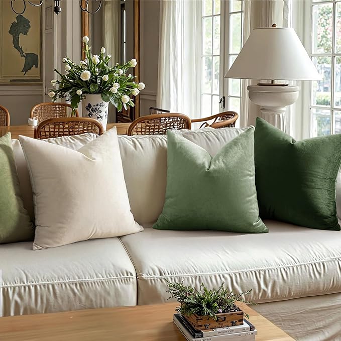 MIULEE 24x24 Inch Pack of 2 Euro Velvet Throw Pillow Covers Moss Green | Soft Solid Decorative Euro Sham, Modern Luxury Home Decor, for King Bed Sofa Couch Bedroom Livingroom