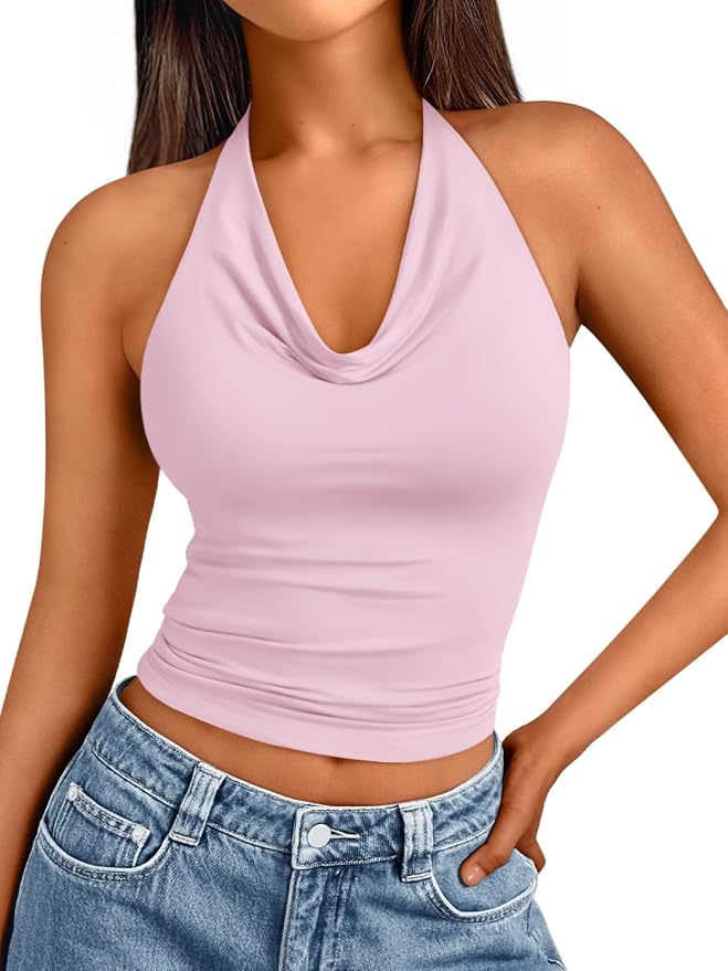 Trendy Queen Halter Tops for Women Going Out Summer Top | Cowl Neck Shirts, Sexy Backless, Fashion Y2K Clothes, Perfect for Party, Club, Vacation, Pair with High-waisted Bottoms