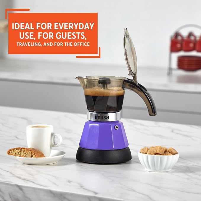 IMUSA 3 or 2 Cup Electric Espresso Maker with Cool-touch Handle, Purple | Bare Aluminum Finish, Detachable Base, Ideal for Espresso, Perfect for Everyday Use