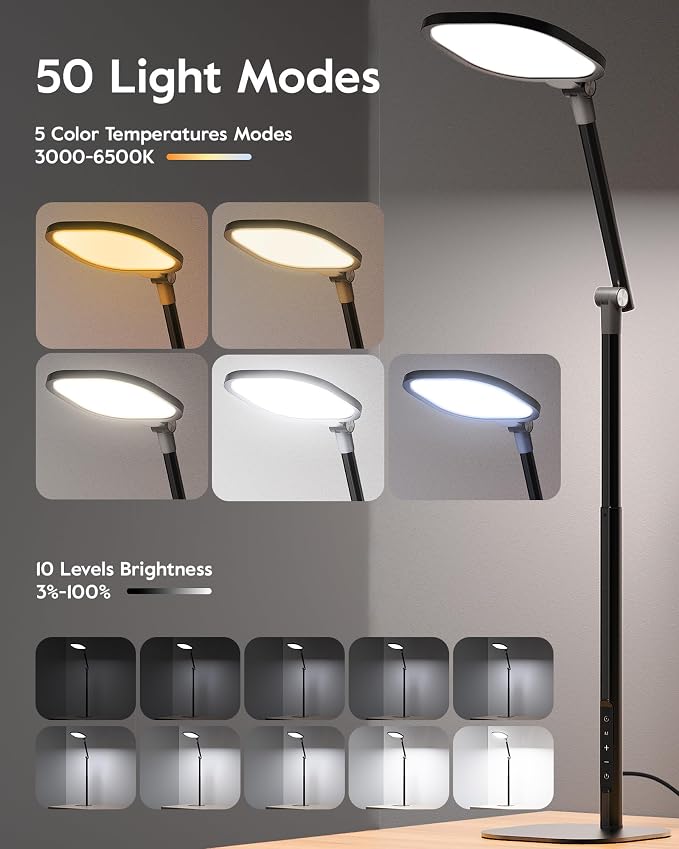 LitONES Tall LED Desk Lamps with Base, Edge-Lit Eye-Care, 50 Light Modes | 40" Height, Dimmable & Flexible, CRI>97.8, Memory and Timer Func, Stable Mental Base for Home Office, Video Calls & Drafting