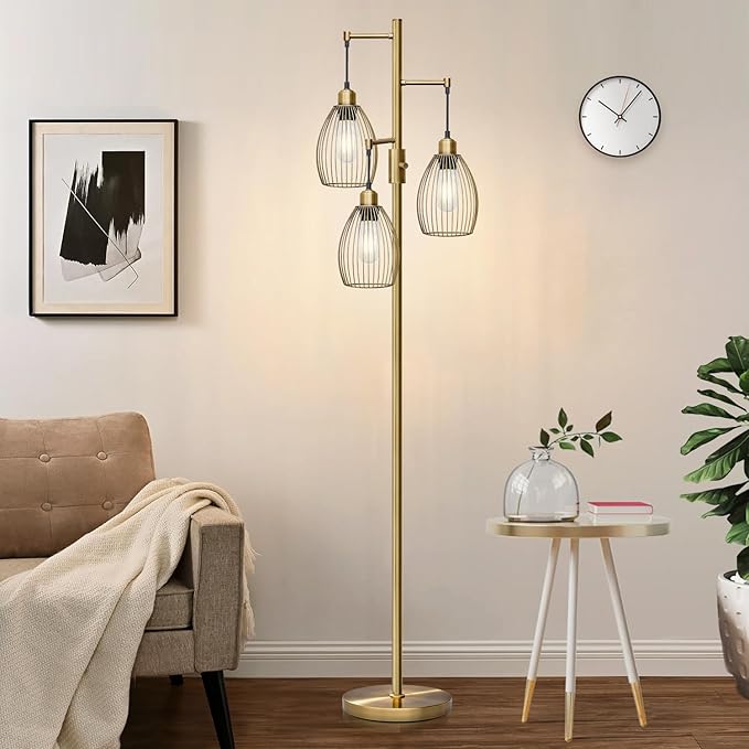 Dimmable Floor Lamp, 3 x 800LM LED Edison Bulbs Included, Farmhouse Industrial Floor Lamp Standing Tree Lamp with Elegant Teardrop Cage Tall Lamps for Living Room Bedroom Office Dining Room-Brass