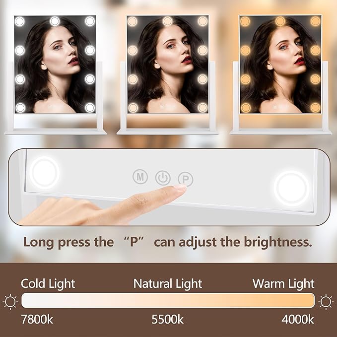 Lighted Makeup Mirror, 14"x 12" Hollywood Vanity Mirror with 9 LED Bulbs, 3 Color Lights, and Detachable 10X Magnification Mirror, 1200mAh Rechargeable, Touch Control, 360°Rotation (White)