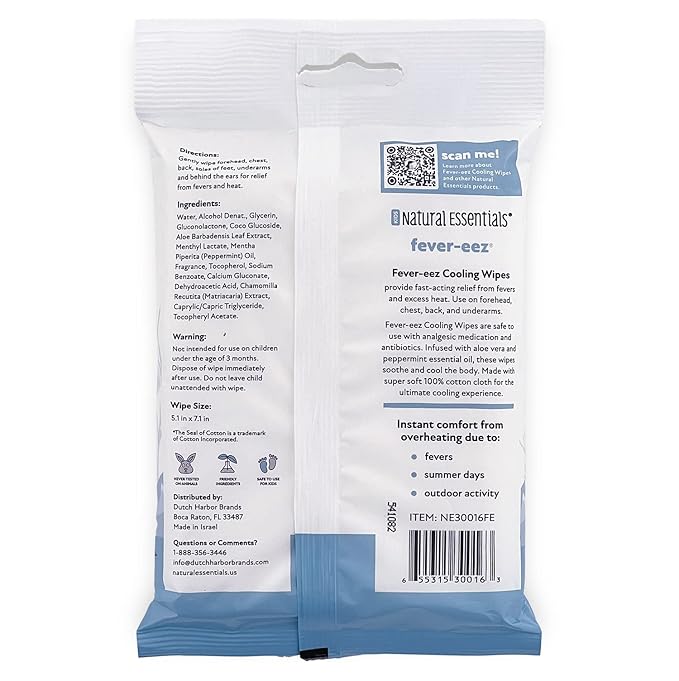 Natural Essentials Fever-eez Baby Fever Relief for Kids, Soothing Forehead & Body Wipes for Babies, Provide Immediate Cooling Sensation during High Body Temperatures and Hot Flashes