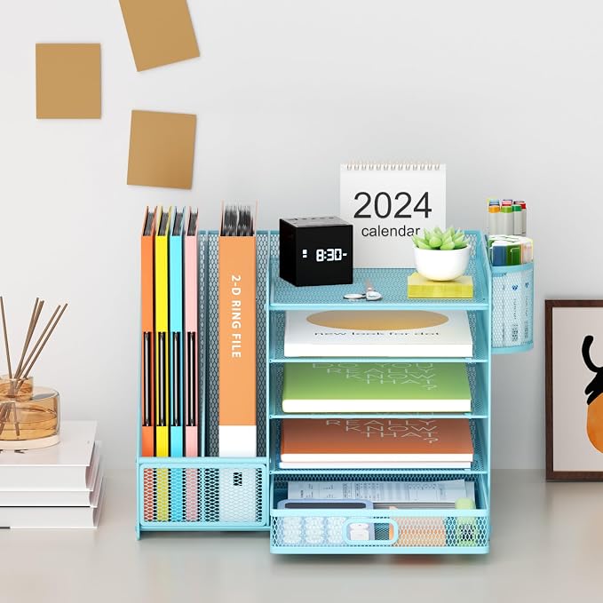 Marbrasse Desk Organizer with File Holder, 5-Tier Paper Letter Tray Organizer with Drawer and 2 Pen Holder, Mesh Desktop Organizer and Storage with Magazine Holder for Office Supplies(Blue)