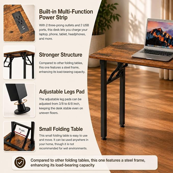 Folding Table Computer Desk - 55.1" No Assembly Folding Desk with Power Outlets & USB Charging Port, Small Desk, Foldable Office Desk, Compact Storage Portable Use for Small Space, Rustic Brown