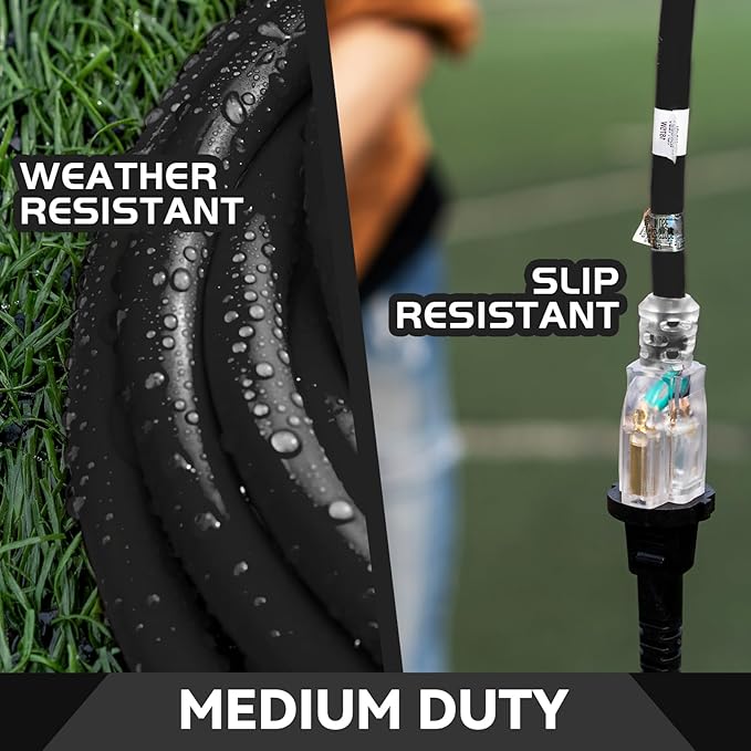 Indoor Outdoor Extension Cord Weatherproof with Lighted End, UL Certified, 16 Gauge 8FT Black 3 Prong Heavy Duty, 16/3 SJTW 13A Power Cord for Outdoor Lights, Lawn