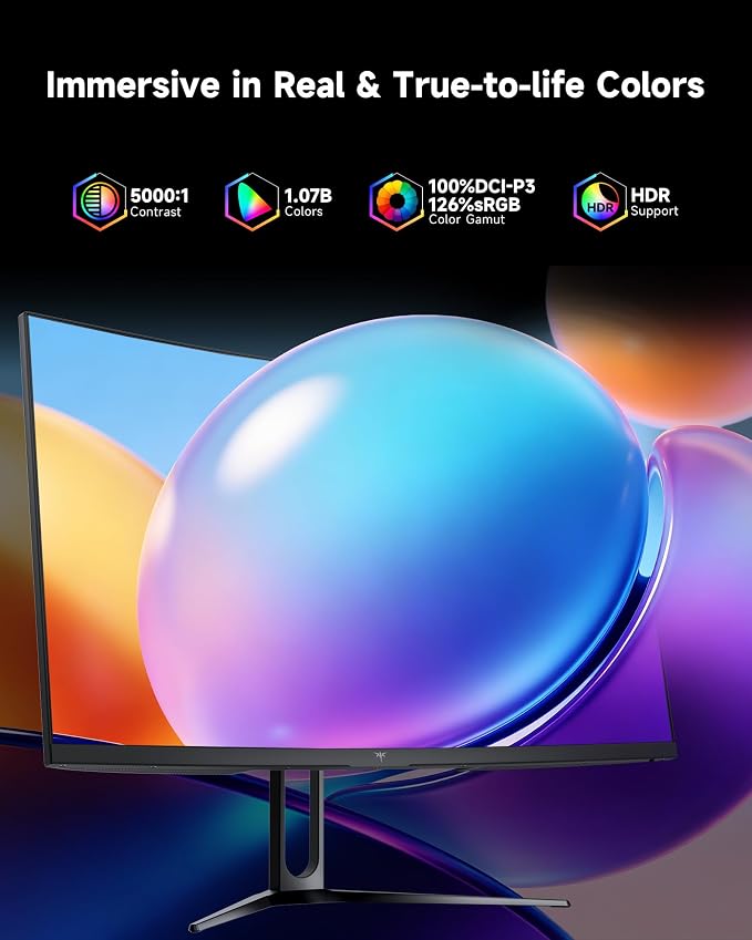 KTC 32 Inch Curved Gaming Monitor, QHD 2560x1440 180Hz Curve Monitors 1500R, Up to 185Hz, 1MS w/Adaptive Sync, 5000:1, HDMI Displayport, Tiltable, Eye Care, Vesa Mount H32S5