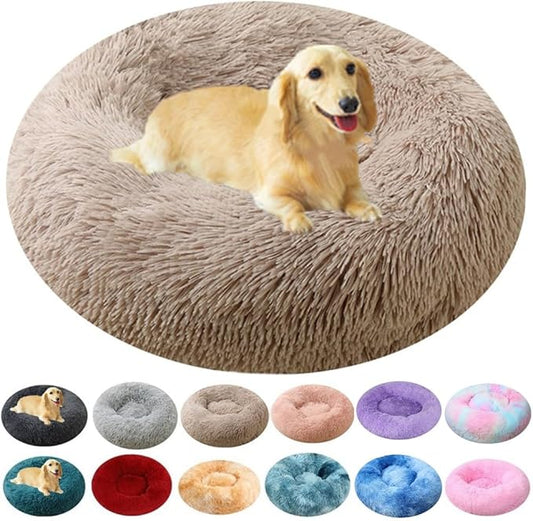 Calming Small Dog Bed & Cat Bed, 16 Inch Donut Fluffy Anti-Anxiety Round Bed Washable Cute Bed, Cuddler Warming Cozy Soft Bed, Plush Cushion Bed for Small Medium Dogs and Cats (Khaki)