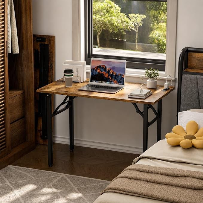 Folding Table Computer Desk - 43.3" No Assembly Folding Desk with Power Outlets & USB Charging Port, Small Desk, Foldable Office Desk, Compact Storage Portable Use for Small Space, Rustic Brown
