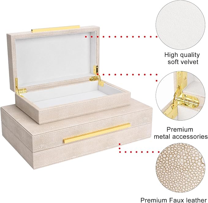 Ivory Shagreen box Set of 2 Faux Leather Decorative Boxes,Large Nesting Storage Decorative Boxes with Lids for Modern Home Decor Stacking Jewelry Box Organizer