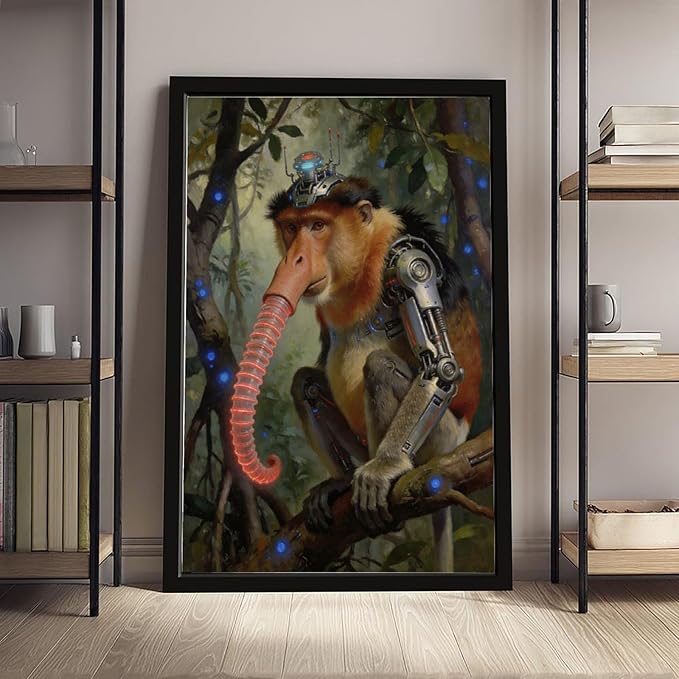 Framed Steampunk Mechanical Proboscis Monkey Wall Art - Jungle Neon Retro Poster for Apartment Leisure Area Decor 24x36in