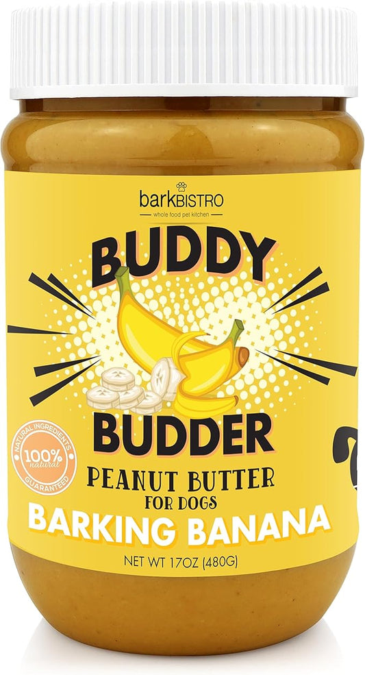 BUDDY BUDDER Barkin' Banana, 100% Natural Dog Peanut Butter, Dog Treat, Made in USA (17oz Jars)