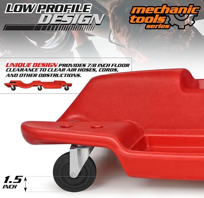 M-AUTO Mechanic Plastic Creeper with Dual Tool Trays, 48" Ergonomic Rolling Garage Shop Creeper with Padded Headrest, 4 Noiseless Casters 350LBS Capacity Red