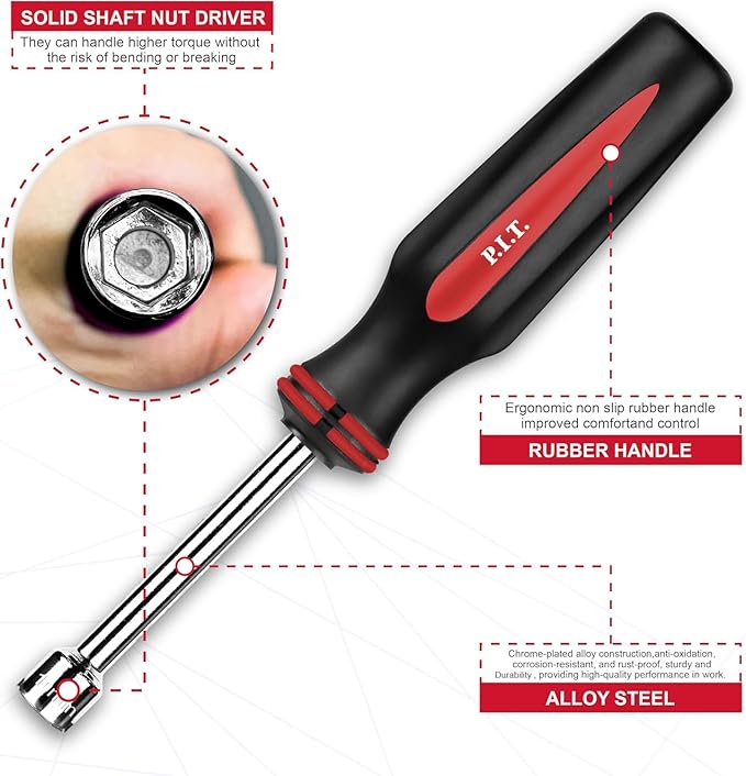 P.I.T. 7PC Metric Nut Driver Set,Solid Shaft Nut Drivers (5, 6, 7, 8, 9, 10,11 mm) For Tightening and Loosening Fasteners with Color Coded Nonslip Comfort TPR Hand Grips, Hex Deep Nut Driver Set