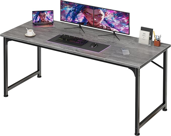 PRAISUN 55 Inch Computer Desk, Home Office Desk with Spacious Desktop, Grey | Modern Gaming Desk for Bedroom, Study, Work, Gaming & Writing, Large Legroom, Sturdy Metal Frame